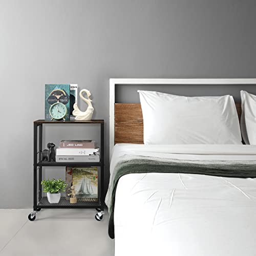 MOOACE Brown&Black Rustic 3 Tier End Table with Wheel for Bedroom, Kitchen and Living Room - Stable Metal Frame, Wood To