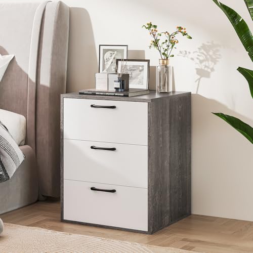 Giantex White & Grey Nightstand with 3 Drawers for Bedroom and Home Office