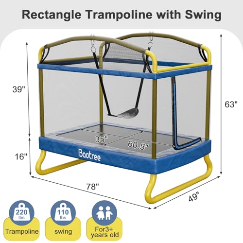 6.5FT Rectangle Trampoline for Kids, ASTM Approved Recreational Trampolines with Swing  
78” Safety Enclosure Net Trampo