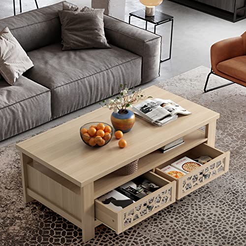 Giantex Natural 2-Tier Coffee Table for Living Room, Rectangular Acrylic Mirror Design, Wooden Large Top with Drawers