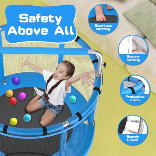 55" Kids Trampoline with Enclosure for Boys & Girls - 440lbs Capacity, Indoor & Outdoor, Adjustable Gymnastics Bar & Toy