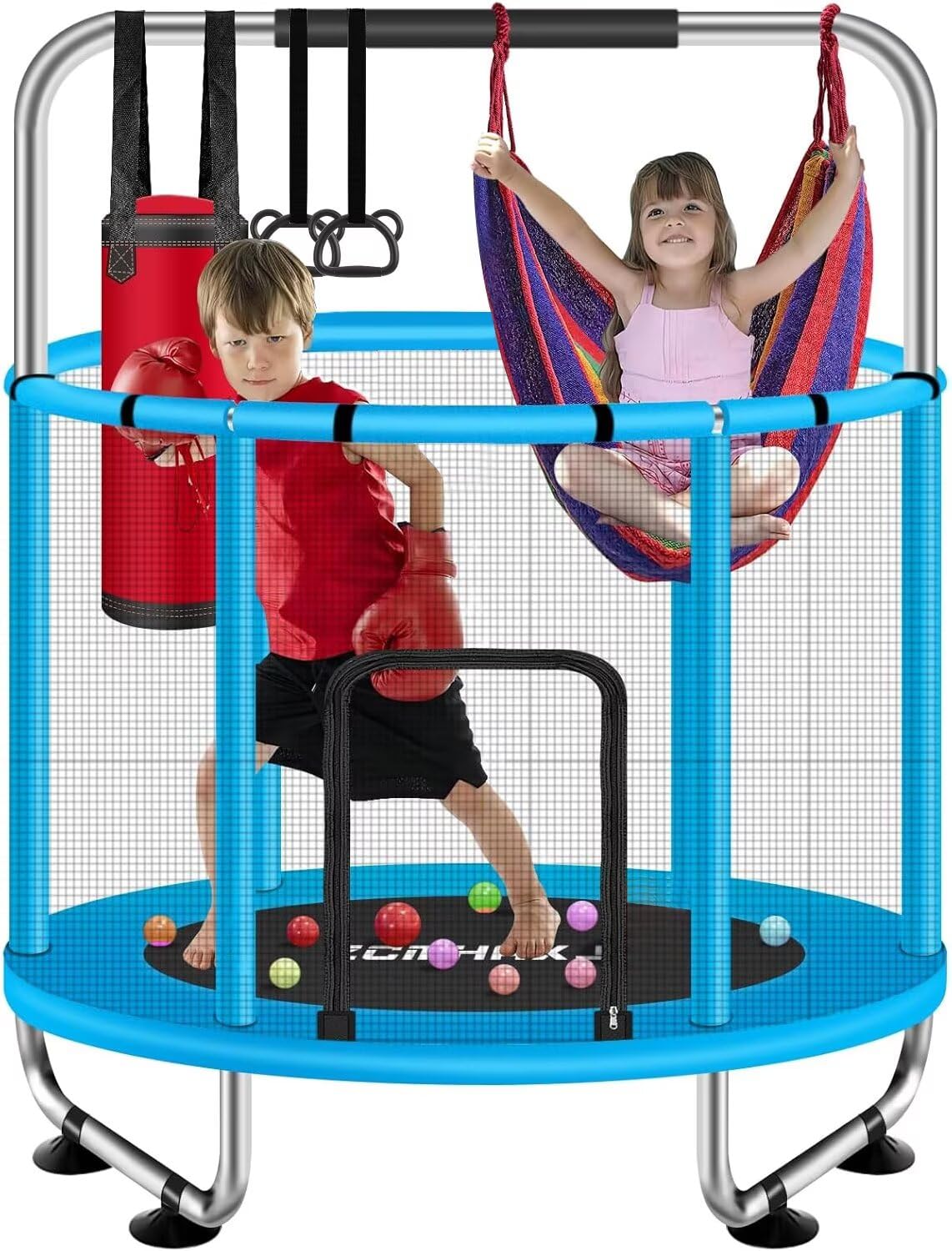 55" Kids Trampoline with Enclosure for Boys & Girls - 440lbs Capacity, Indoor & Outdoor, Adjustable Gymnastics Bar & Toy