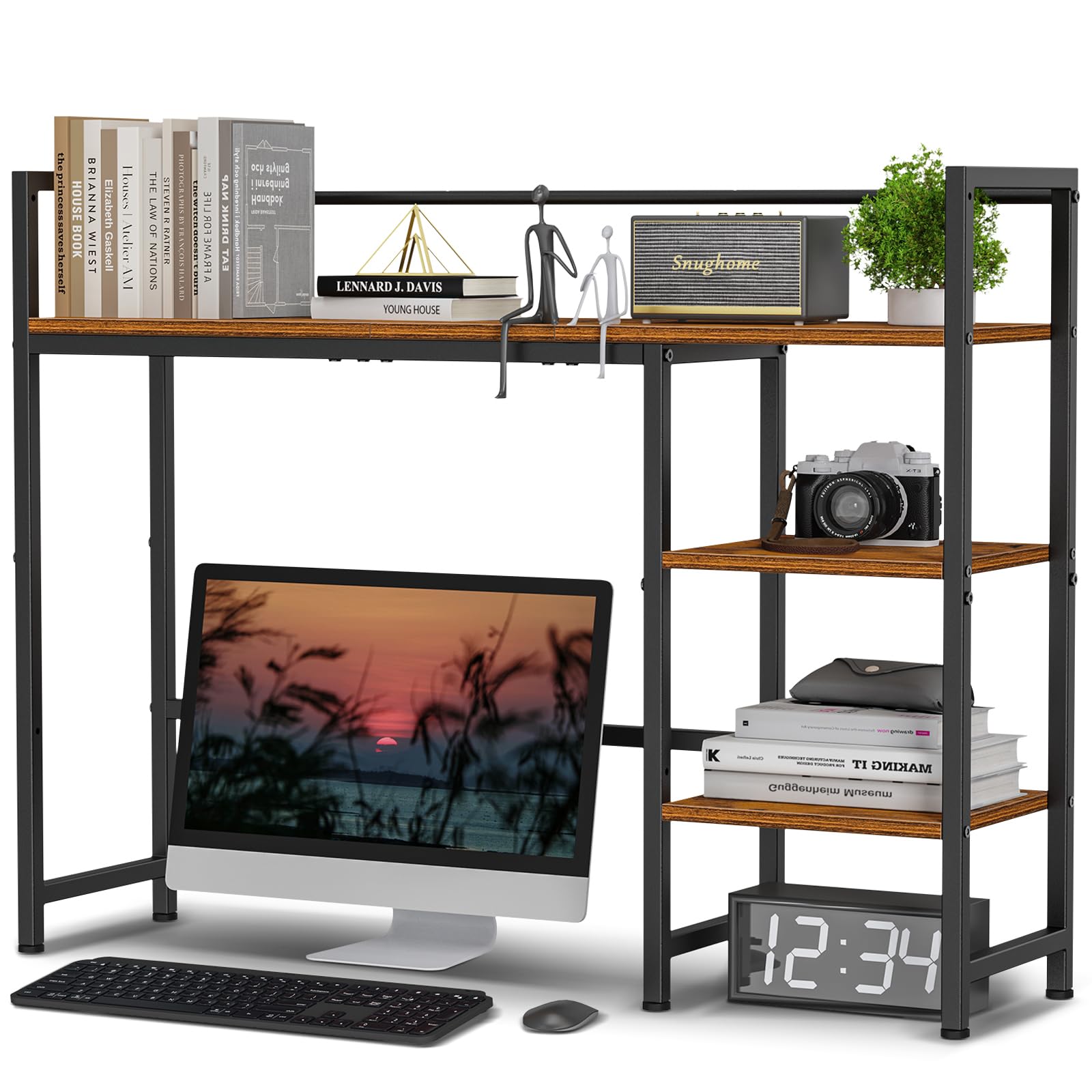 Snughome Desk Shelf, Wooden 4 Tier Desktop Organizer for Home Office, Dorm Room, Rustic Brown 38.6" Computer Monitor Des