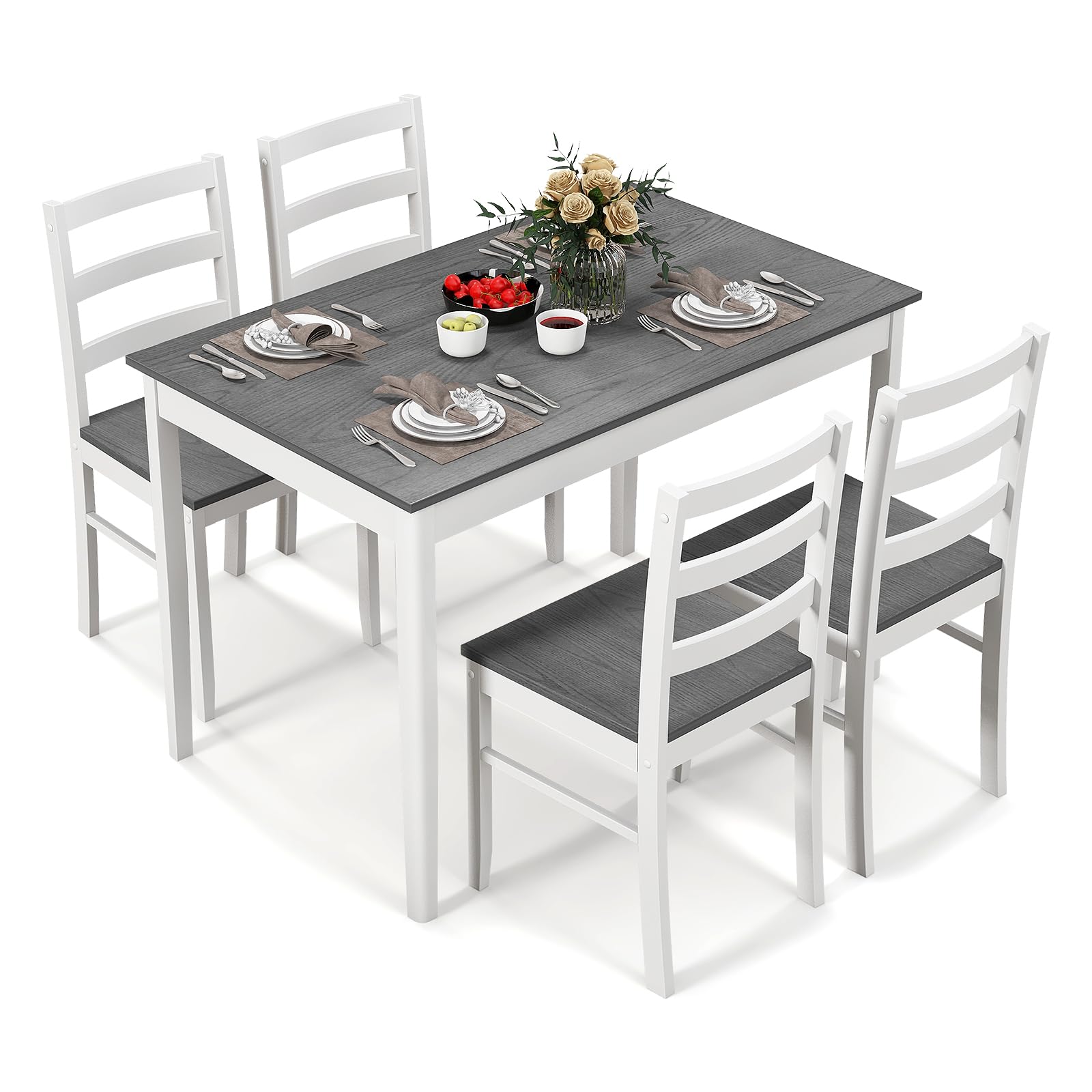 COSTWAY Dining Table Set for 4 + Grey + Wood Kitchen Table Chairs + Space-Saving Design + Modern Kitchen Dining Room Fur