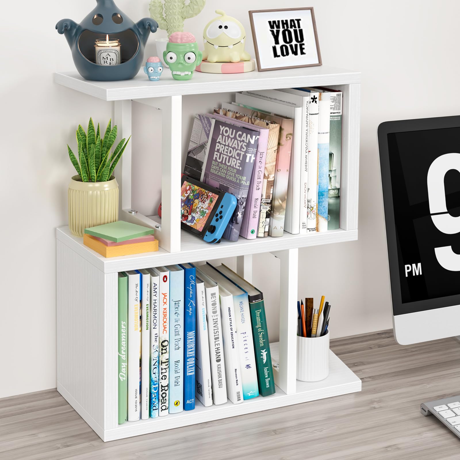 Top of Desk Shelf White Bookcase 3-Tier Storage Desk Organizer College Dorm Room Office Small Bookshelf Top Shelf Desk O