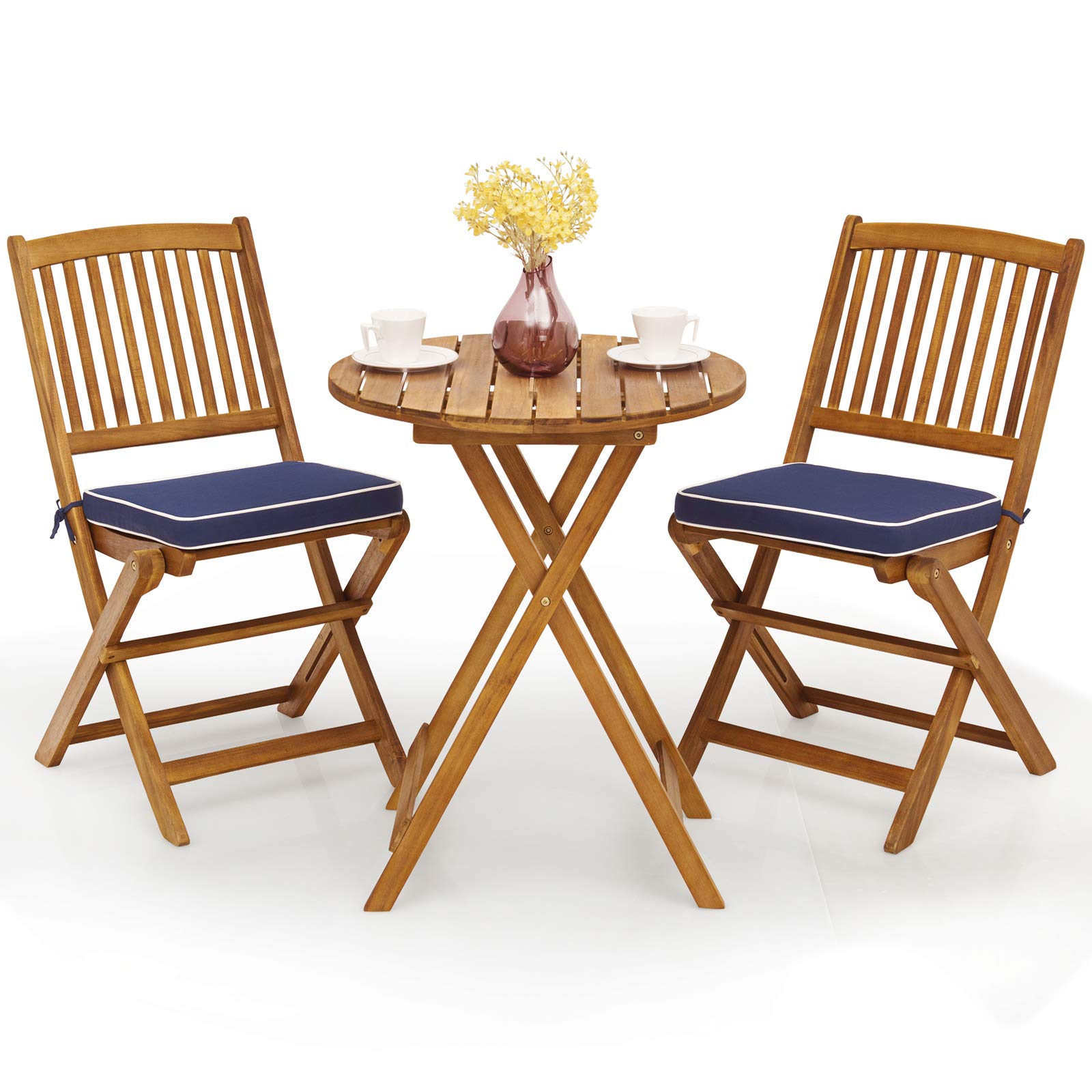 Giantex Wood Folding Table Set Ideal for Garden Yard & Outdoor Spaces (Natural & Navy Blue)