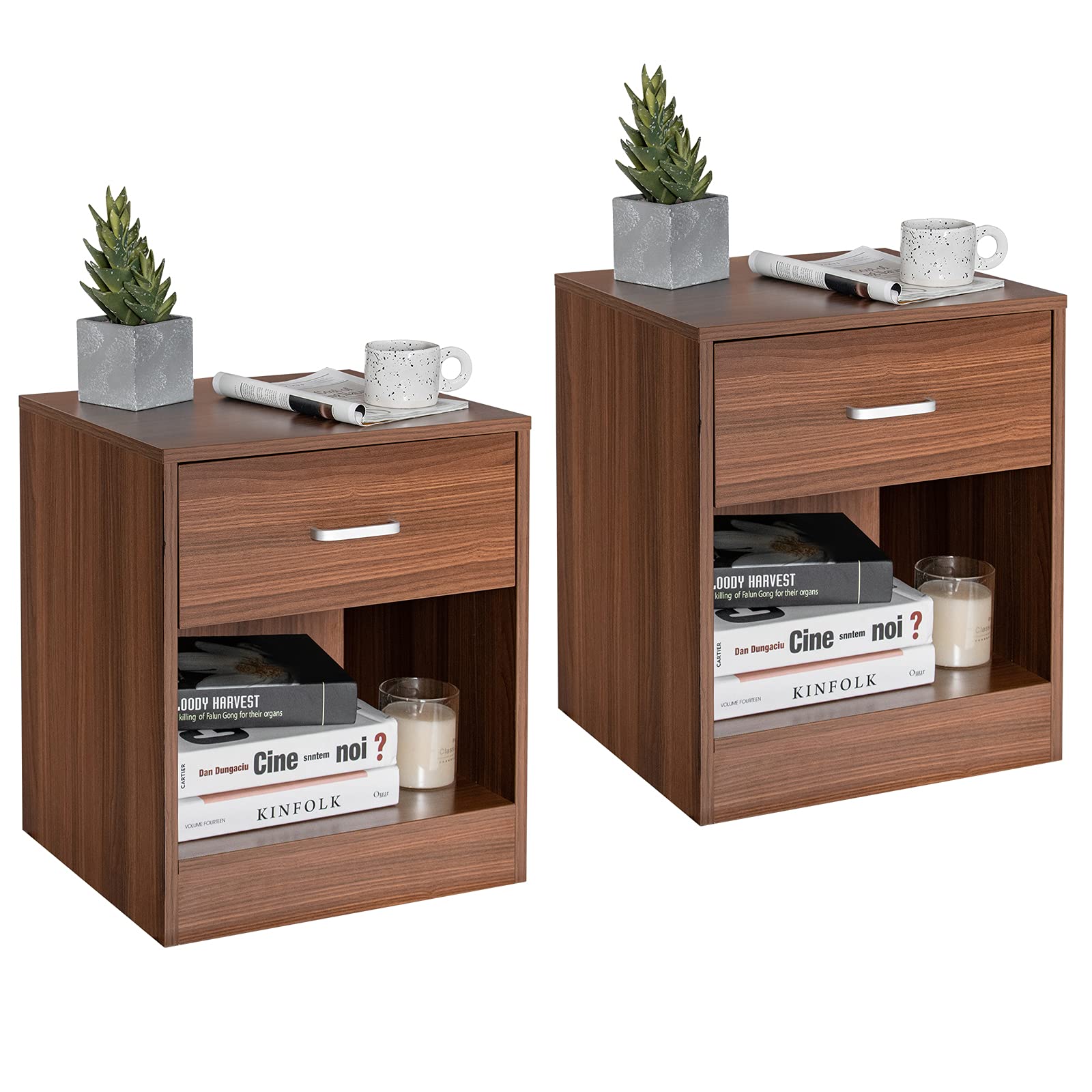Giantex Walnut Nightstand Set of 2 for Bedroom Office
| Giantex Farmhouse Bedside Table with Drawer and Open Storage Ca