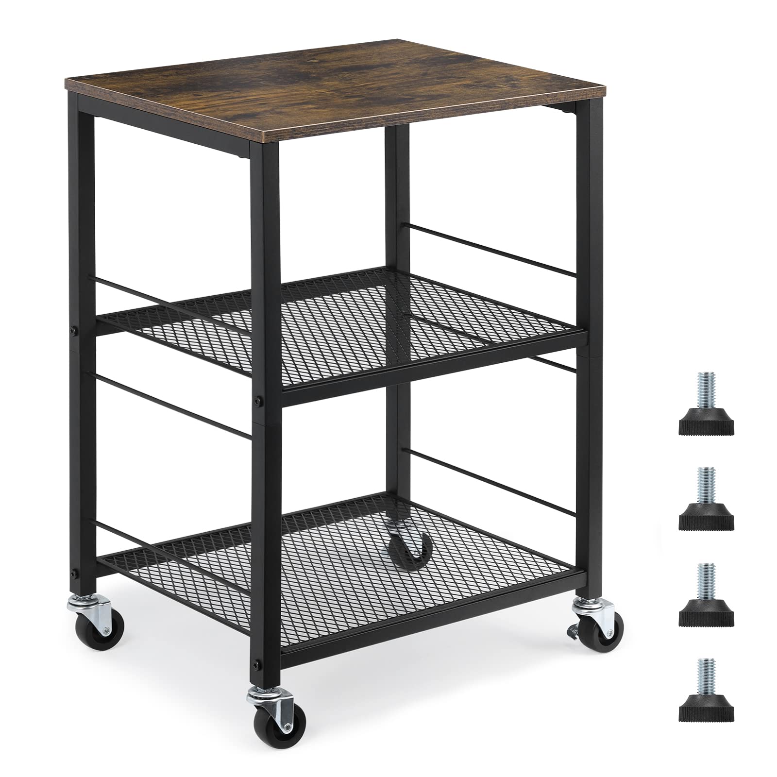 MOOACE Brown&Black Rustic 3 Tier End Table with Wheel for Bedroom, Kitchen and Living Room - Stable Metal Frame, Wood To